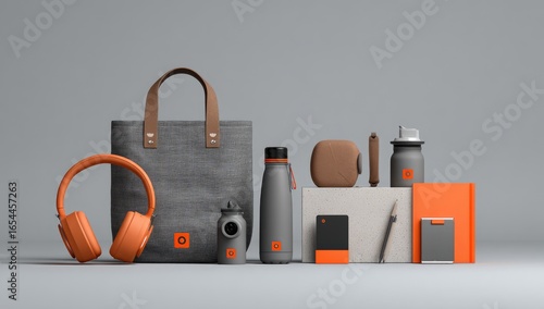 Modern, minimalist, corporate swag.  Gray canvas tote, orange accessories