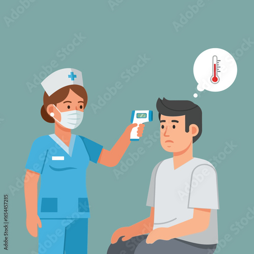 Nurse checks patient's temperature with infrared thermometer.