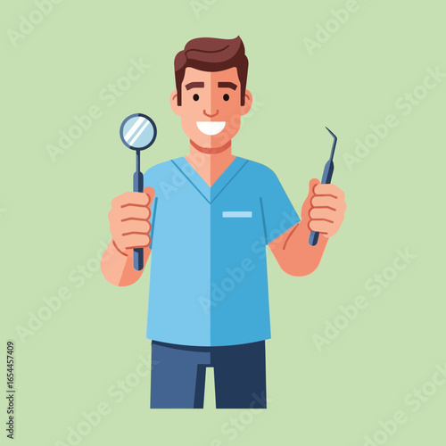 Smiling dentist holding dental tools against a light green background.