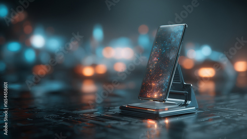 Smartphone displaying galaxy on stand