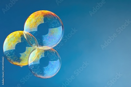 Three colorful soap bubbles against a gradient blue background