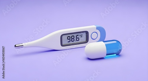 Digital thermometer displaying 98.6 degrees Fahrenheit next to a clear blue and white capsule on a soft purple background, symbolizing health and medication