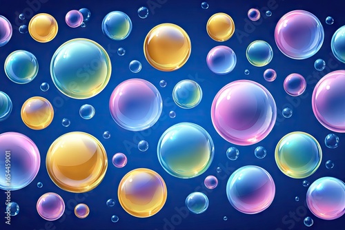 Colorful iridescent bubbles on a dark blue background