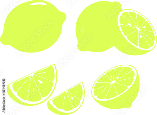 Lemon cut slices vector set, Whole, half and slice chopped lemon fruit flat collection

