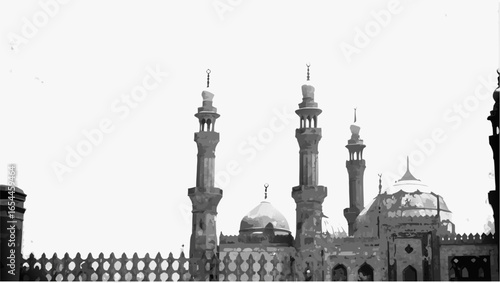 A monochrome rendering of a mosque with multiple minarets against a bright sky in a middle eastern city |  editable eps vectors silhouette