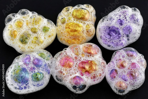 Colorful soap suds arranged in a hexagonal pattern