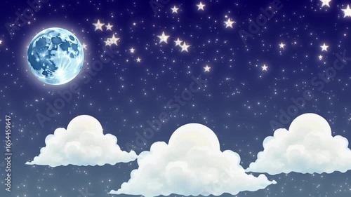 Animated Night Sky Background with Luminous Full Moon, Twinkling Stars, and Serene Clouds,Purple Gradient Night Sky with Floating White Clouds and Stars,Magical and Whimsical Nighttime Scene with Star