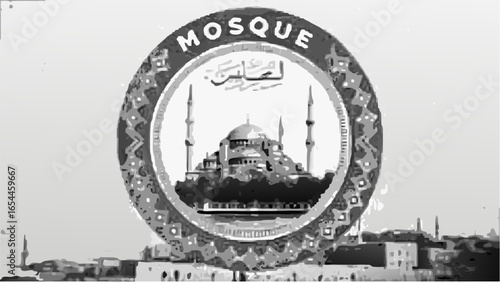 Mosque building inside an oval frame with arabic text and minarets in monochrome illustration |  editable eps vectors silhouette