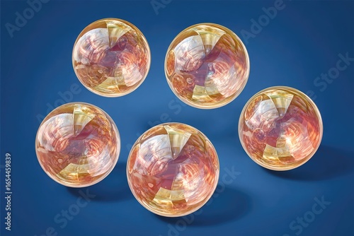 Five orbs, swirling, golden-red, on blue