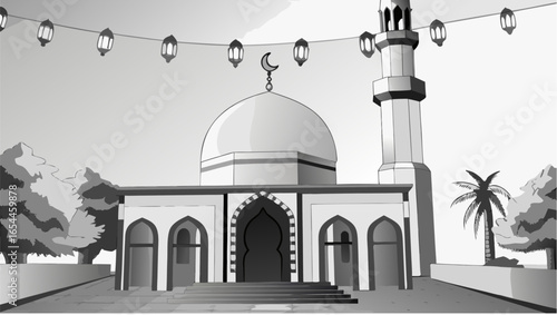 Illustration of a mosque with a dome and minaret with hanging lanterns and trees in grayscale tones |  editable eps vectors silhouette