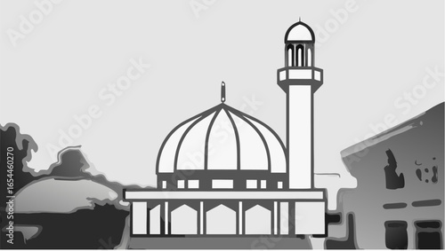 Illustration of a mosque with a dome and minaret against a grayscale abstract background landscape view |  editable eps vectors silhouette