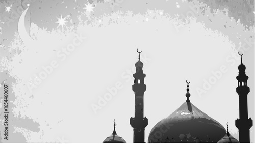 Silhouette of mosque towers and domes under a moon and stars in a grayscale image with abstract background |  editable eps vectors