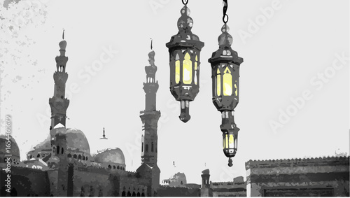 Illustration of hanging lanterns with mosque minarets in the background in grayscale style art |  editable eps vectors silhouette