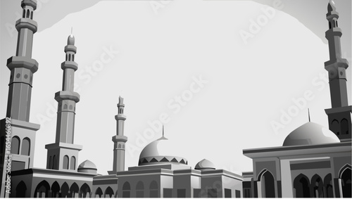 Illustration of a mosque with tall minarets and domes in a low poly style against a bright background |  editable eps vectors silhouette