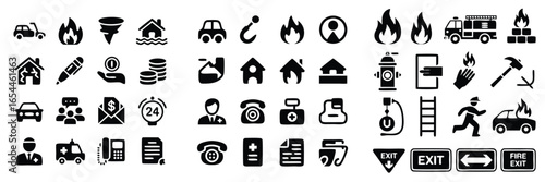 Emergency and Insurance Icon Set Featuring Damage, Accidents, Medical, and Rescue Services Black and White