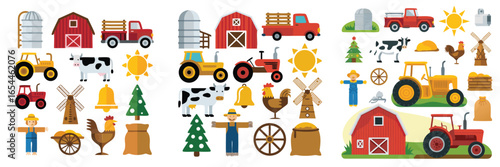 Farm Icon Set Barns, Tractors, Animals, Silos, Windmills, Sun, Scarecrow and More Flat Illustrations