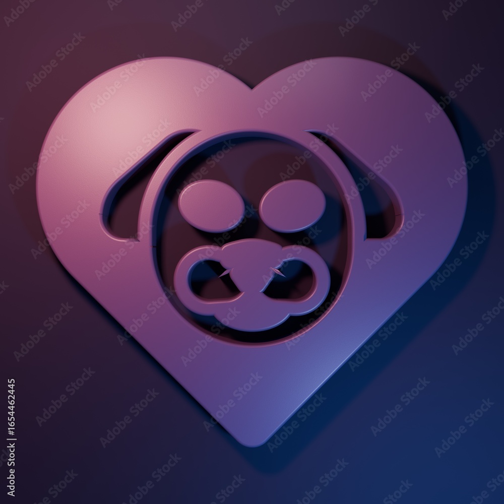 Fototapeta premium Purple Heart with dog icon isolated on purple-blue background. Pet paw in heart. Love to the animals. Minimalism concept. 3D render illustration
