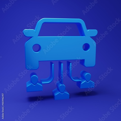 Blue Car sharing with group of people icon isolated on blue background. Carsharing sign. Transport renting service concept. Minimalism concept. 3D render illustration