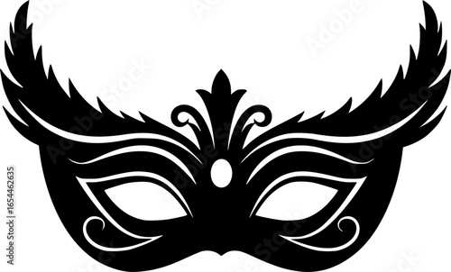 Carnival mask icon black silhouette isolated on white background. Mask with feathers pictogram. Vector illustration
