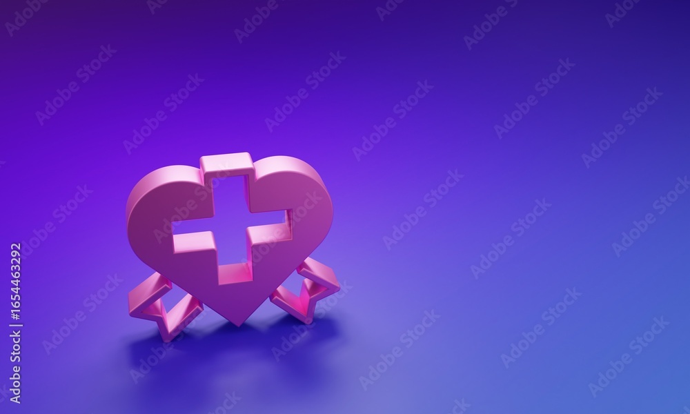 Obraz premium Pink Heart with a cross icon isolated on purple-blue background. First aid. Healthcare, medical and pharmacy sign. Minimalism concept. 3D render illustration