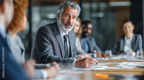 A professional group at a table, meeting, with a grey-haired man speaking