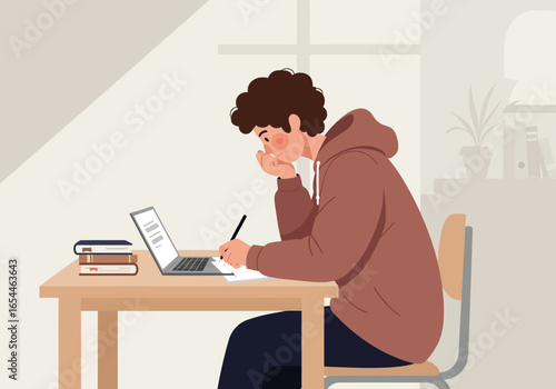 Concentrated Young Man Studying at Desk with Laptop.