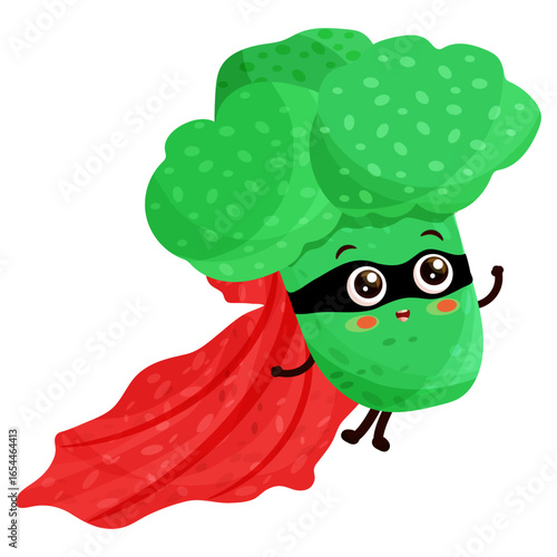 Cartoon character super hero broccoli in red cape flying and waving hand, excited smiling expression, flat vector illustration isolated on white background.