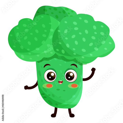 Cartoon character green happy broccoli with green leaves crown standing and smiling, cute friendly expression, flat vector illustration.