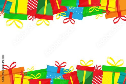 Vector illustartion of many colorful gift present boxes with bows and ribbons arranged on the top and bottom of the picture with white empty space in the middle.