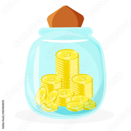 Vector illustration of glass jar bank with stack of golden coins inside. Savings for wish; inflation metaphor; resources for business and planning family budget.