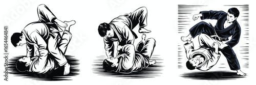 Illustrated Grappling Techniques Three Black and White Scenes Depicting JiuJitsu and Judo Actions