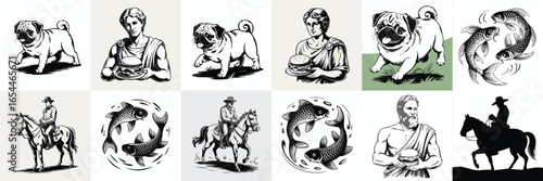 Line Art Collage Pugs, Statues Holding Burgers, Koi Fish, and Cowboy on Horseback Illustrations