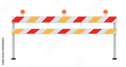 A sturdy under construction barrier features bright red and yellow stripes and warning lights.