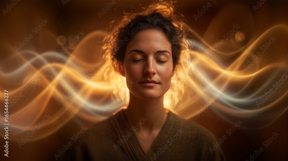 © dinatychynska - Woman meditating with golden sound waves flowing around her. Peaceful spiritual healing therapy concept shows mindfulness practice and energy vibrations for wellness and inner balance.