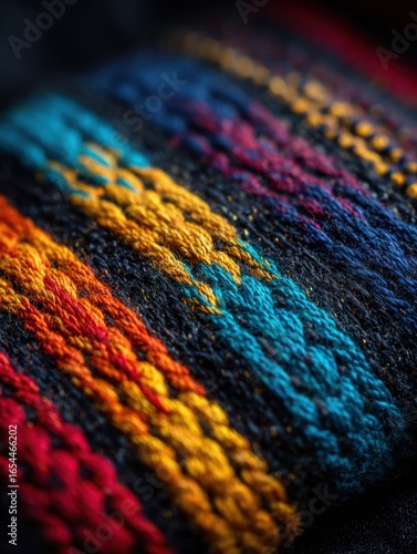A vibrant close up showcases an artisan's detailed work with colorful threads intricately woven into a mesmerizing weave pattern art piece, full of texture and depth.