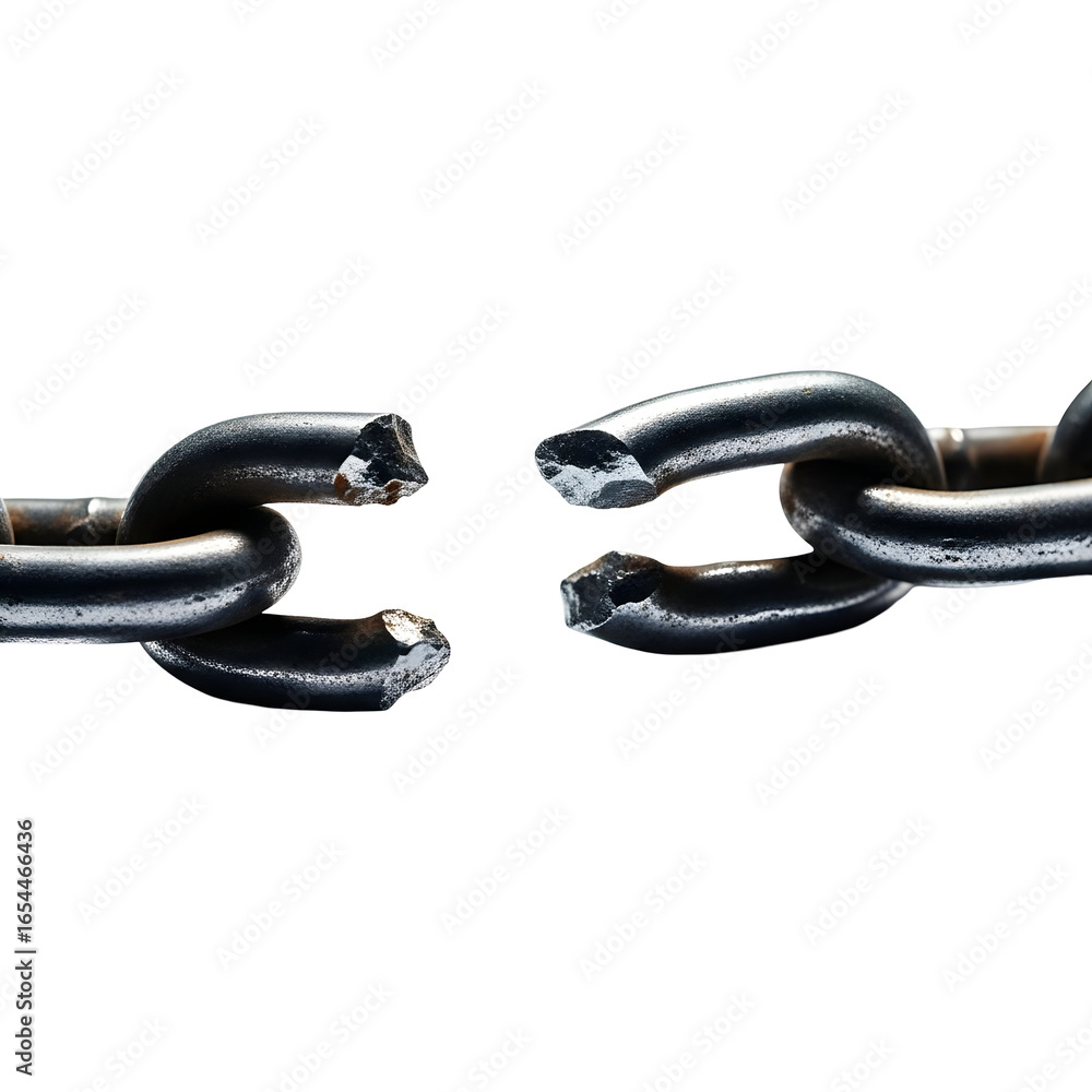 Obraz premium A compelling visual representation of a heavy metal chain with a severely broken link, powerfully symbolizing vulnerability, systemic weakness, or the critical end of a connection and its impact.