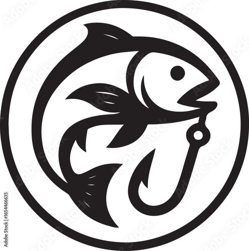 Stylized fish caught on a fishing hook emblem