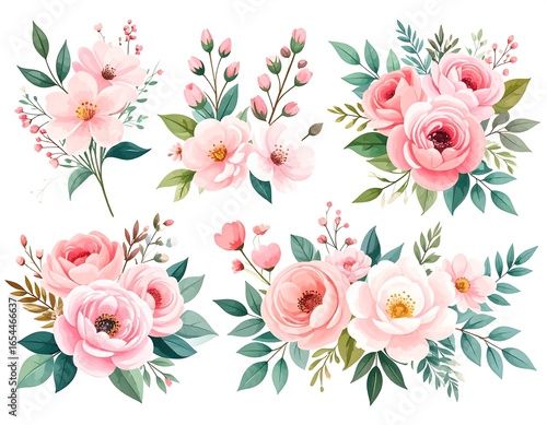 Delicate floral arrangements in soft pinks and greens