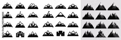 Mountain Silhouette Icons Set Adventure Peak Designs and Castle Landmark Outlines