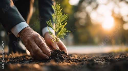 A person in a suit plants a small tree in soil outdoors, sun shining in background
