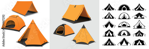 Orange Camping Tents Dome, AFrame, and Pyramid Style, with Black and White Icon Designs