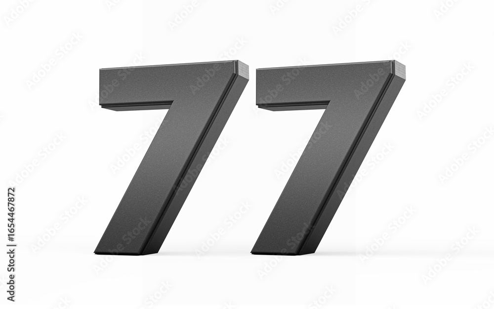 Fototapeta premium Sleek metallic Black number 77 Seventy seven standing on a white background, 3d illustration