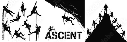 Silhouette Art Rock Climbers Ascending Cliff, Ropes, and Peak Ascent Text