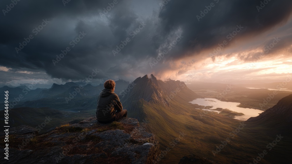 Fototapeta premium A contemplative scene of a person overlooking a dramatic landscape