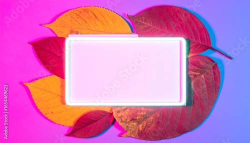 Vibrant autumn leaves encircle a glowing, empty neon rectangle, set against a gradient backdrop of purple and magenta hues.