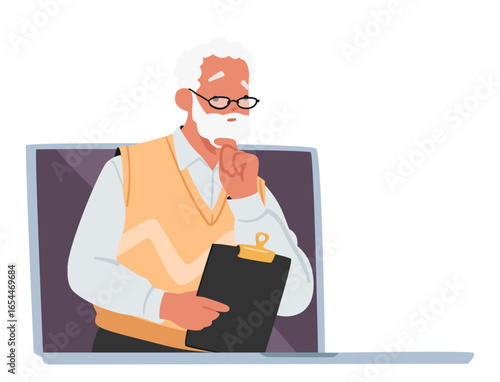 Grey-haired senior psychotherapist cartoon character giving online consultation via laptop