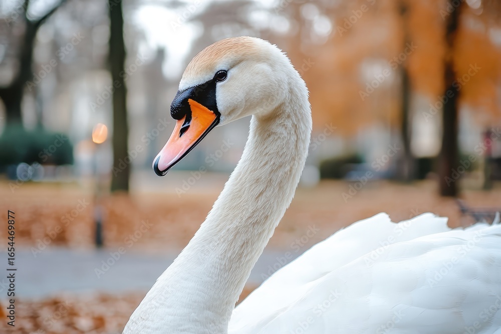 Obraz premium white swan in a city park setting.