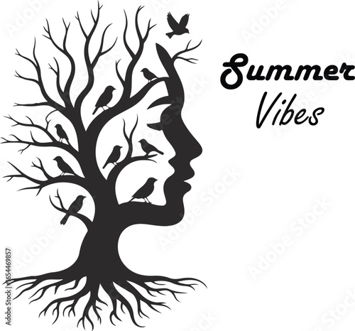 Silhouette of a woman's profile formed by a tree with birds and roots face vector illustration.