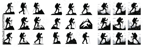 Silhouettes of Backpackers Hiking and Climbing on Rocks and Mountains with Trekking Poles Illustration