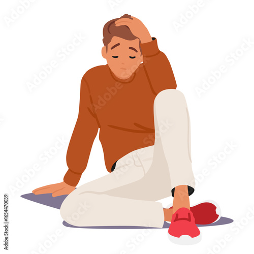 Upset teenage boy cartoon character sitting on floor touching head feeling troubled and exhausted